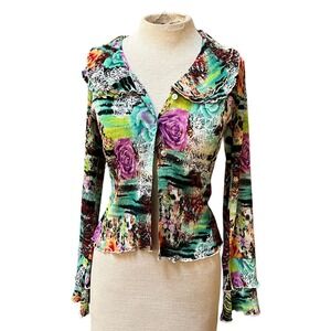 ALBERTO MAKALI Multi Color Floral Ruffle Cardigan Top y2k Boho Small